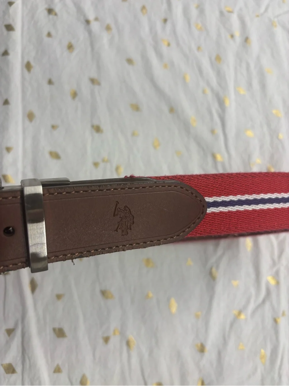 US Polo Association by Ralph Lauren Red Canvas Belt with Brown Leather Trim